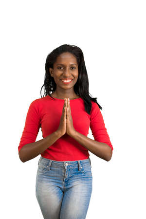 Woman with hands togetherの写真素材