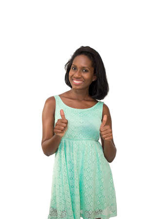 Woman showing two thumbs upの写真素材