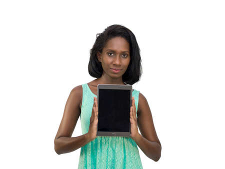 Woman showing tablet screenの写真素材