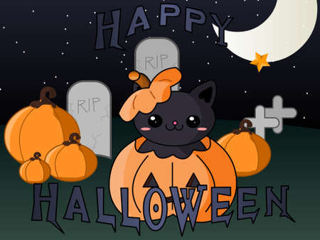 halloween postcard  Cute cat with pumpkinのイラスト素材