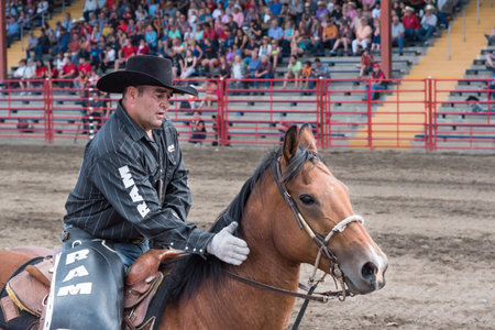 Williams Lake, British Columbia/Canada - July 1, 2016: man pats his horse's neck during a quiet moment in the arena between competitions at the 90th Williams Lake Stampede.のeditorial素材