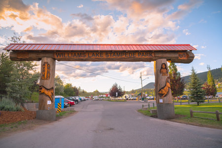 Williams Lake, British Columbia/Canada - July 1, 2016: carved log entrance archway to the stampede grounds, an important venue for major events in downtown Williams Lake.のeditorial素材