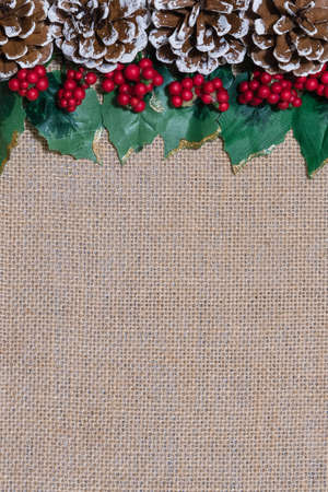 Border of Christmas pinecones, holly leaves and red berries on rustic burlap fabric backgroundの写真素材