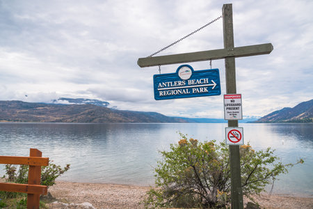 Peachland, British Columbia, Canada - September 8, 2019: Antlers Beach Regional Park is a popular public beach located near Hardy Falls on highway 97.のeditorial素材