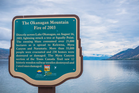 Peachland, British Columbia, Canada - September 8, 2019: close-up of sign on Antlers Beach, remembering the devastation caused by the Okanagan Mountain Fire in 2003.のeditorial素材