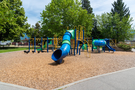 June 12, 2019 - Penticton, British Columbia, Canada: play structure at Lackawanna Park, a popular...