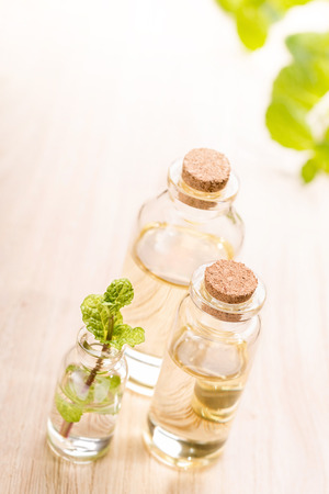 fresh mint oil on wooden tableの写真素材