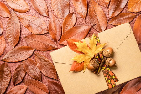 autumn gift box on the red leaves background, top viewの写真素材