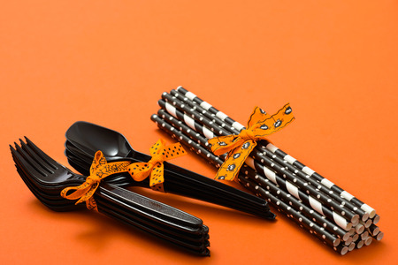 Halloween party items on the orange backgroundの写真素材