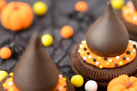 chocolate Halloween cookies, witch's hatの写真素材