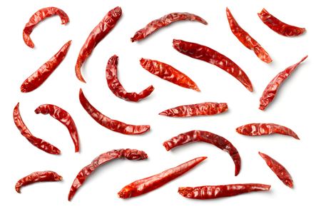 dried red chillies isolated on white, top viewの写真素材