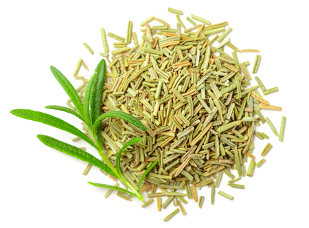 dried rosemary leaves with fresh rosemary isolated on white, top viewの写真素材