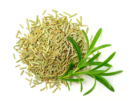 dried rosemary leaves with fresh rosemary isolated on white, top viewの写真素材