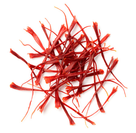 dried saffron threads isolated on white background, top viewの写真素材