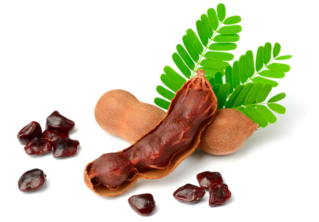 fresh tamarind fruits and leaves isolated on white backgroundの写真素材