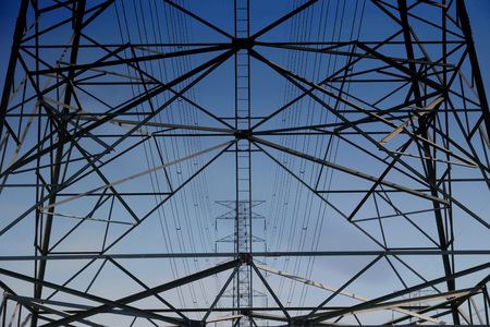 High voltage towers with sky background.の写真素材