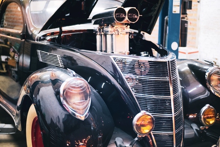 Headlight lamp vintage classic retro car at retro garageのeditorial素材