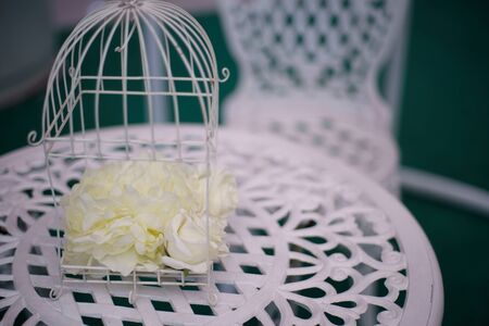 Beautifully White rose on white table. Wedding Decorationsの写真素材