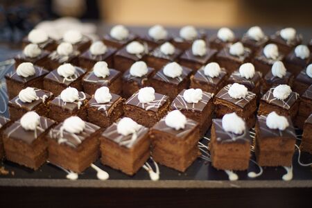Pile of Delicious Chocolate Brownies Or Chocolate Cakesの写真素材