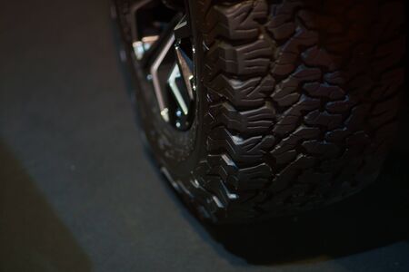 Motorcycle Wheel Close up. Low angle photograph of motorcycleの写真素材