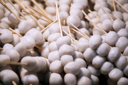 Meat ball , fish ball for grilled on wood stick ,Thai street food market