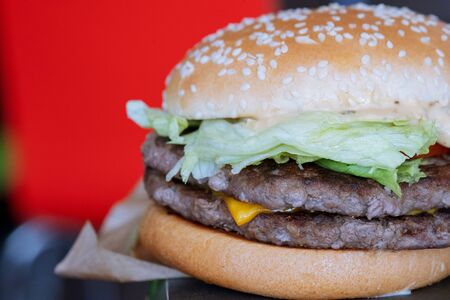 fresh tasty hamburger with fresh lettuce and cheeseの写真素材