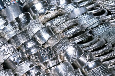 Beautiful Luxury silver accessories detailed handcraft, vintage fashion for sale in jewelry shop Thailandの写真素材