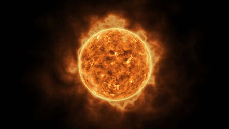 Sun star surface with solar flares, burning of sun animation 3D renderingの写真素材