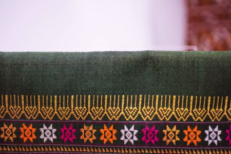 Close up thread linen fabric background texture with copy spaceの写真素材