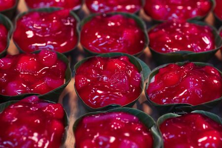 Close up of Thai Dessert sweet pudding with Coconut, thai street food marketの写真素材