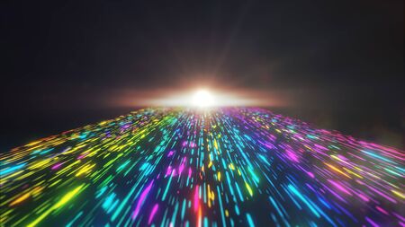 Colorful Neon light futuristic stream Data Communication flying into digital technologic animation...