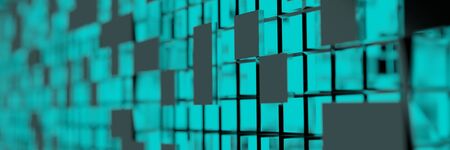 Blue Neon light cube Blockchain Network futuristic flying into digital technologic animation...
