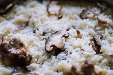Close up of mushroom on Rice Soup Pork ribs and Mushroom thai street food marketの写真素材