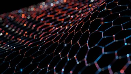 Glowing waving hexagon line dots connect technology futuristic animation background 3d renderingの写真素材