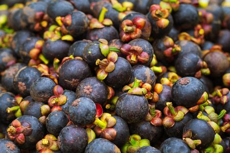 Close up pile of Mangosteen Fruits thai street food marketの写真素材