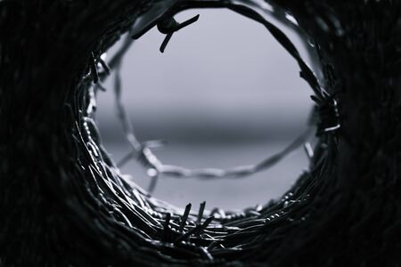 Blurred Black and whith Close up of barbed or barb wire backgroundの写真素材