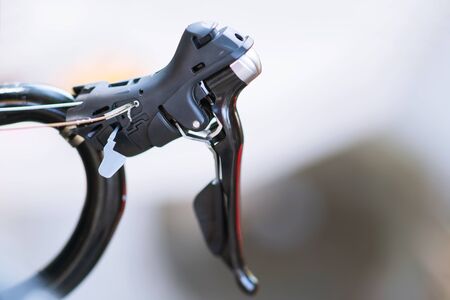 Close up of bicycle hand brake and gear shifterの写真素材