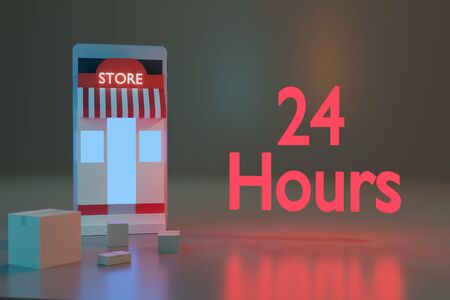 Animation online shopping E-commerce, store, box, 24 hours on smartphone 3d renderingの写真素材