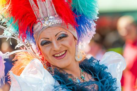 Man dressed as woman participates in the Christopher Street Day  CSD  parade in Stuttgart in July 2013のeditorial素材