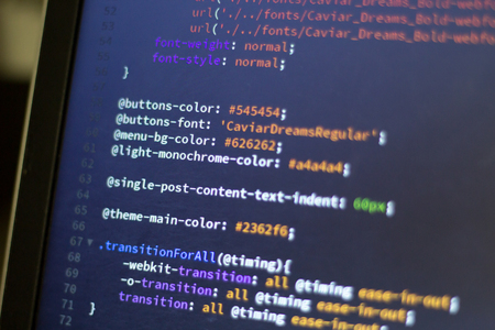 Web development code: CSS / LESS styles preprocessor script lines. Abstract screen of web developer.の写真素材