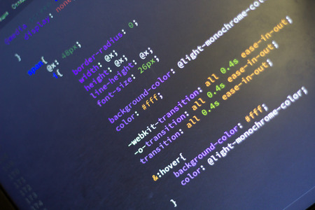 Web development code: CSS / LESS styles preprocessor script lines. Abstract screen of web developer.の写真素材