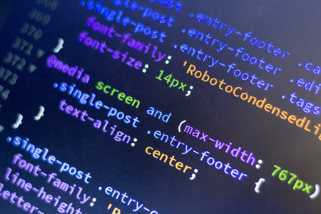 Web development code: CSS / LESS styles preprocessor script lines. Abstract screen of web developer.の写真素材