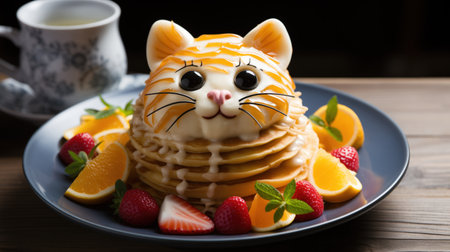 Tasty heap of pancakes with honey topping and glazing kitty head decorationの素材