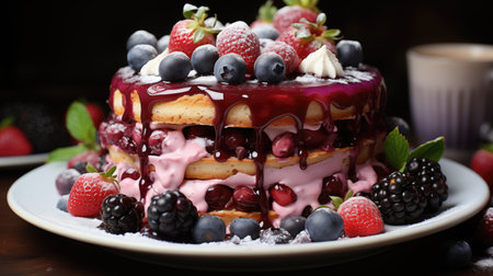 Delicious blueberries cake with chocolate topping and rich decorationの素材