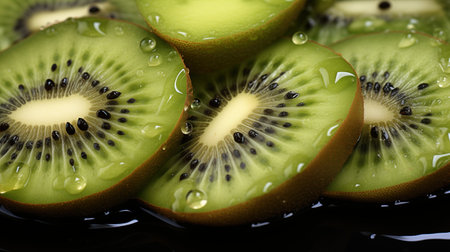 Delicious sliced kiwi close up with water drops. AI generated imageの素材