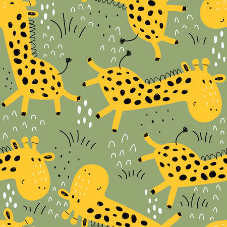 Seamless pattern with cartoon giraffe, decor elements on a neutral background. summer colorful vector for kids. hand drawing, flat style. Baby design for fabric, print, textile, wrapperのイラスト素材