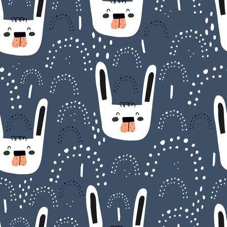 Seamless pattern with cartoon rabbit, decor elements on a neutral background. summer colorful vector for kids. hand drawing, flat style. Baby design for fabric, print, textile, wrapperのイラスト素材
