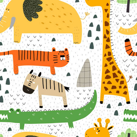 Seamless pattern with cartoon animals. colorful vector for kids. hand drawing, flat style. baby design for fabric, print, textile, wrapperのイラスト素材