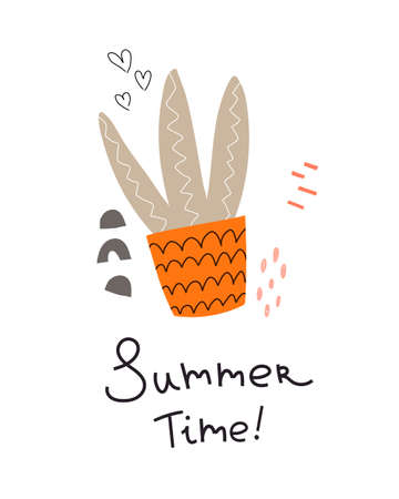 summer time. cartoon cacti, hand drawing lettering, decor elements. Summer colorful vector illustration, flat style. design for cards, print, posters,   coverのイラスト素材
