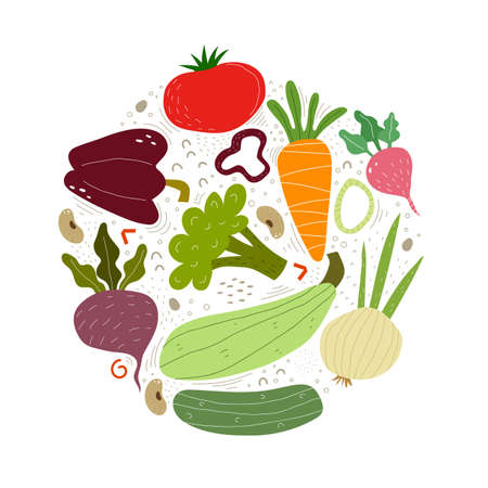 Set with cartoon vegetables. Colorful flat vector illustration, hand drawing. design for prints,...